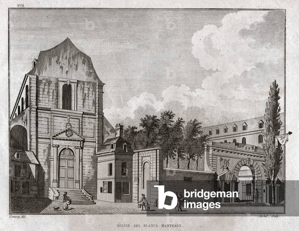 La chiesa dei Blancs Manteaux nel quartiere Marais a Parigi. Circa 1780 (Incisione)