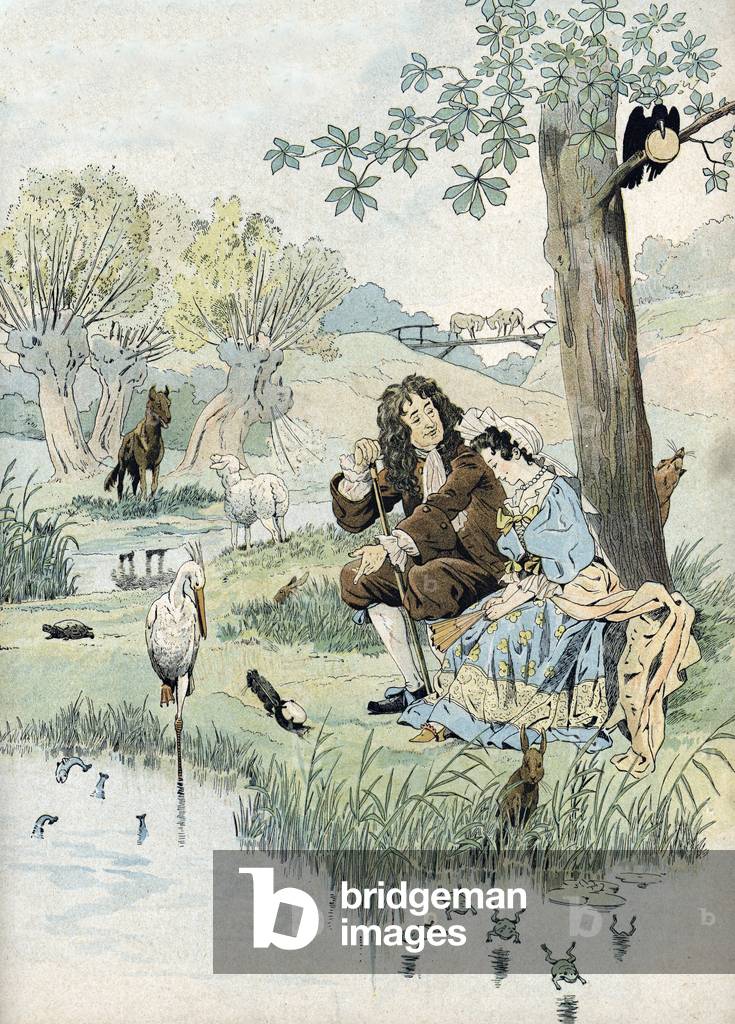 Immagine di Incisione "Jean de la Fontaine racconta le sue favole a una giovane ragazza" 1898