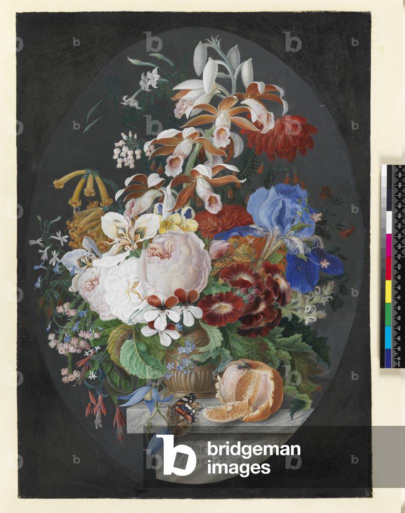 Auf einem Marmorvorsprung, einer geschälten Orange und einem verzierten braunen Topf mit Blumen, die Rosen, Pe