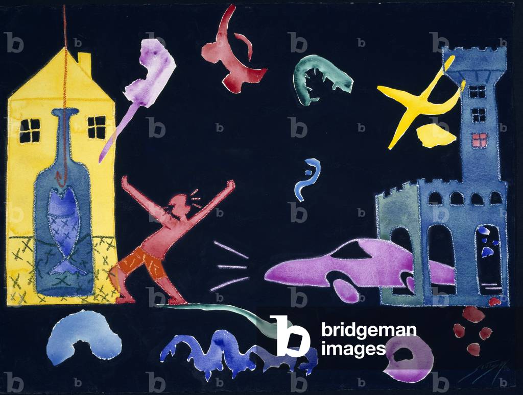 Schloss und Flasche von Erik Slutsky, Aquarell, Gouache und Pastell, 1996, 20. Jahrhundert