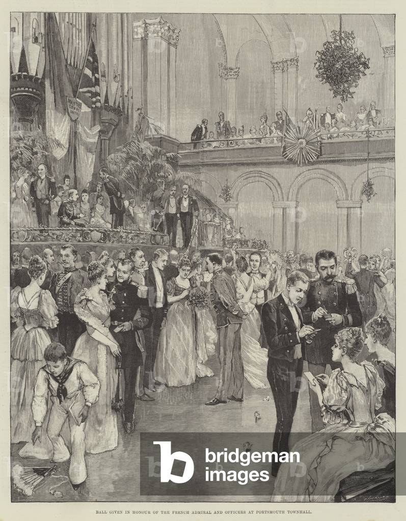 "Ball zu Ehren des französischen Admirals und Offiziere in Portsmouth Townhall gegeben (Gravur)" 1891 von Engl