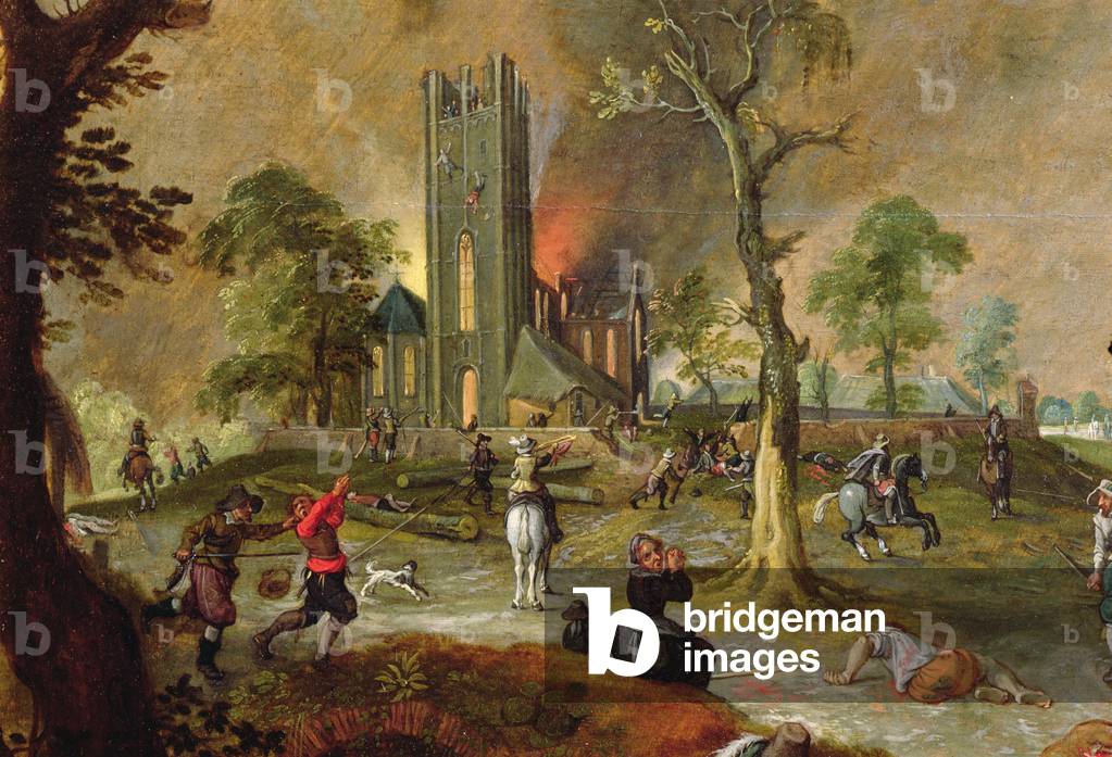 Le truppe spagnole saccheggiano un villaggio nelle Fiandre durante la guerra dei Paesi Bassi (olio su tela)