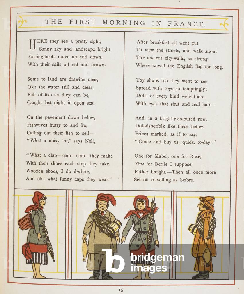 La prima mattina in Francia. Pescatori e pescivendoli. Illustrazione a colori dall'estero.