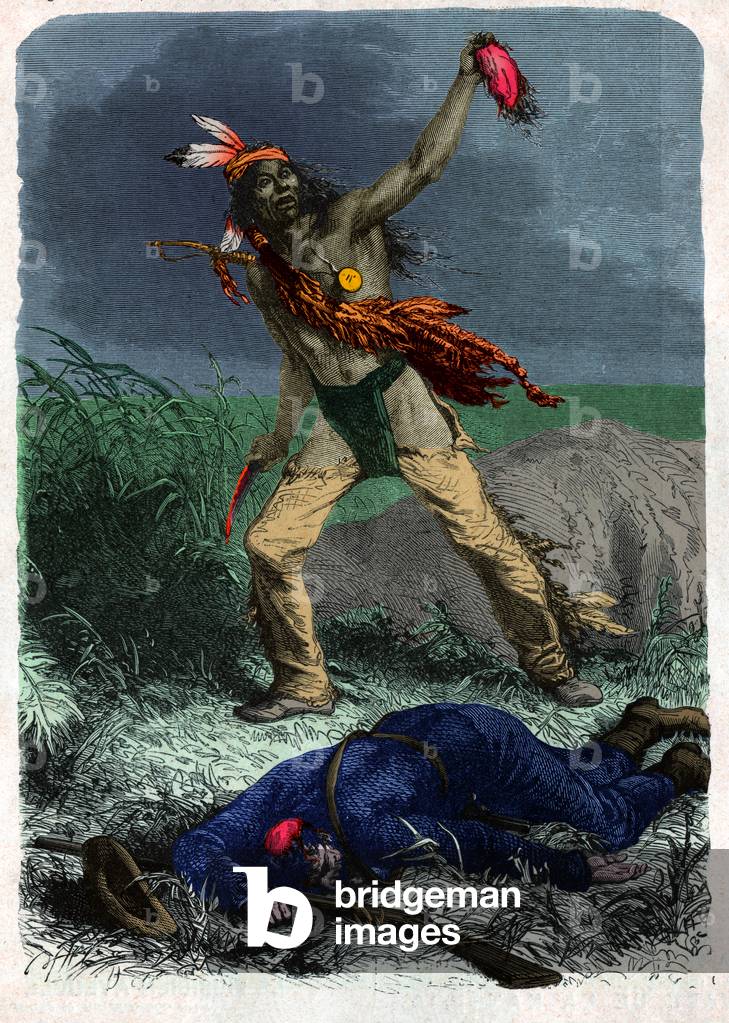 Indian scalps a soldier. (illustration, circa 1900)