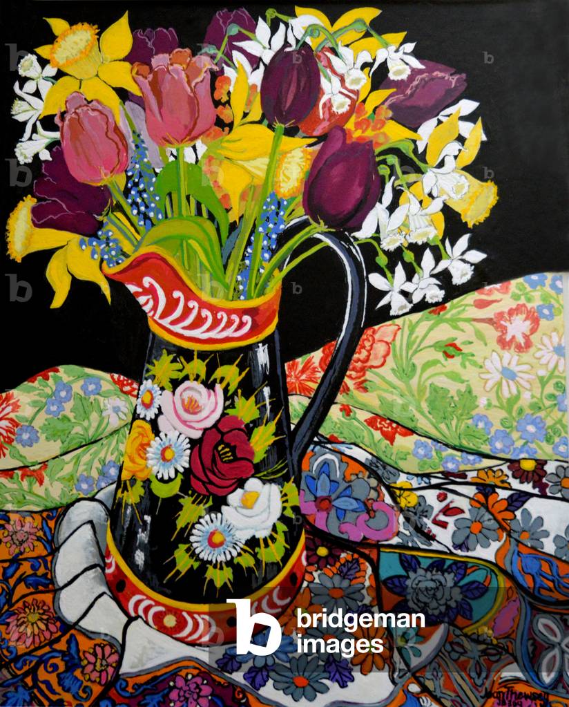 Kanalbootkrug, Narzissen und Tulpen, 2005 (Gouache)