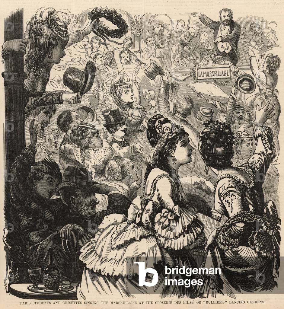 "Pariser Studenten und Grisetten singen die Marseillaise in der Closerie des Lilas (Gravur)" von English Schoo