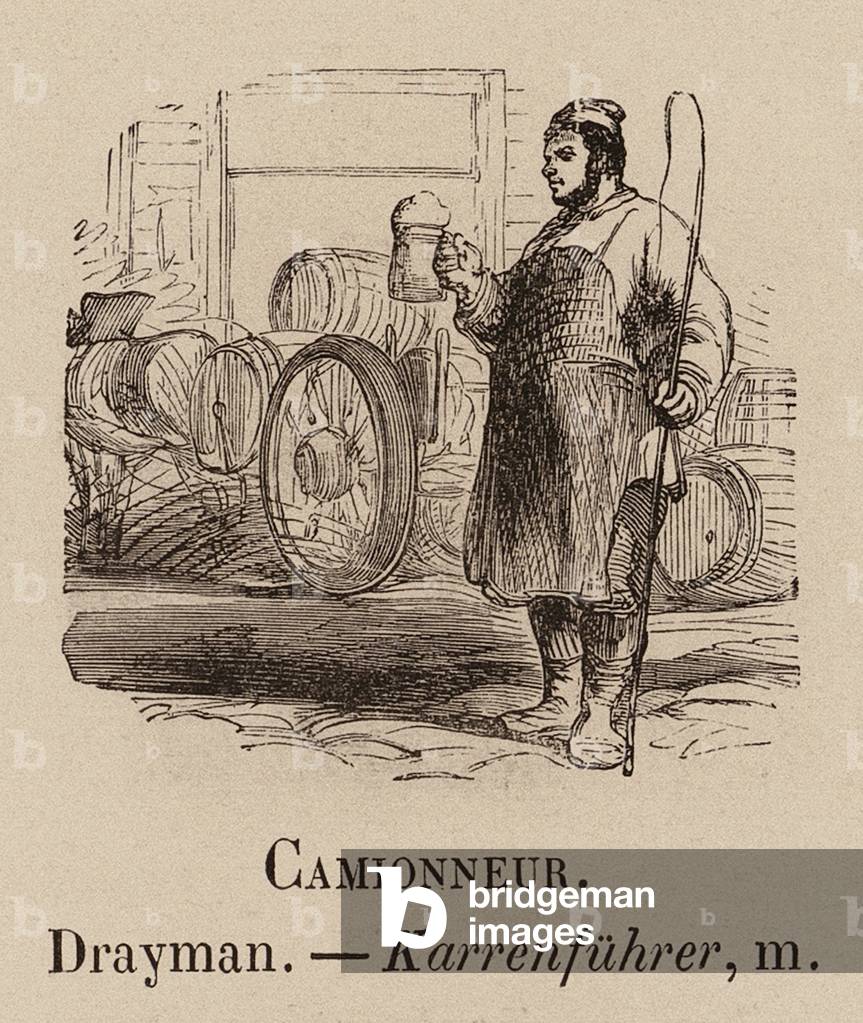 Le Vocabulaire Illustre : Camionneur ; Drayman ; Karrenfuhrer (gravure) 1873 par European School