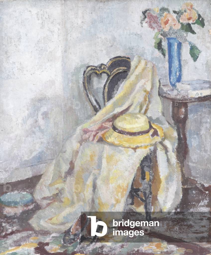 Image of Painting depicting Still Life of a Yellow Hat and Cloak on Chair (oil on board) by Alan Francis Clutt