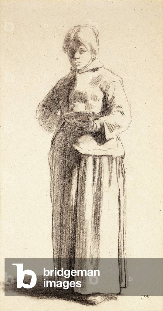 Une femme debout tenant une tasse, c.1852-56 par Jean-Francois Millet, b/w