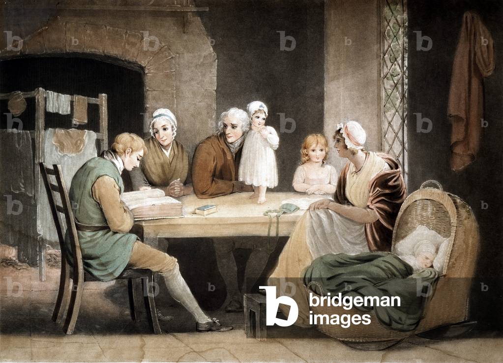 Three generations listening to reading from Family Bible.  Aquatint after picture by Maria Spilsbury (1777-182