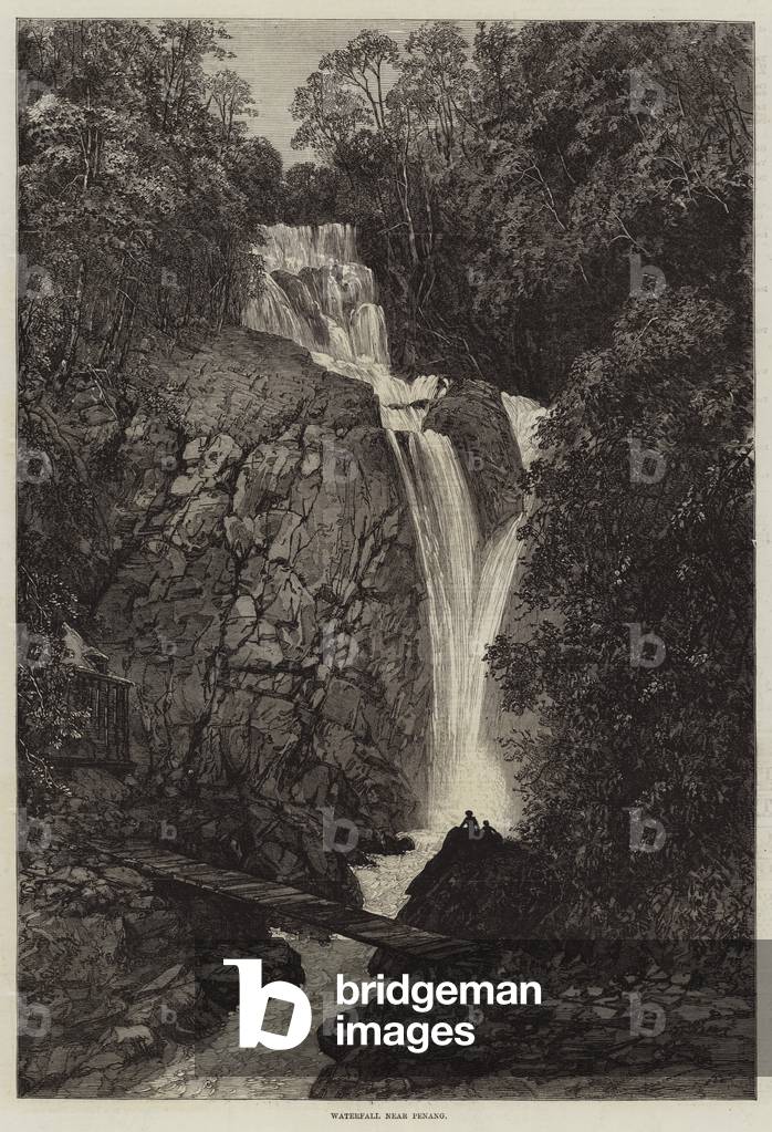 "Cascata vicino a Penang (incisione)" di English School, b/w