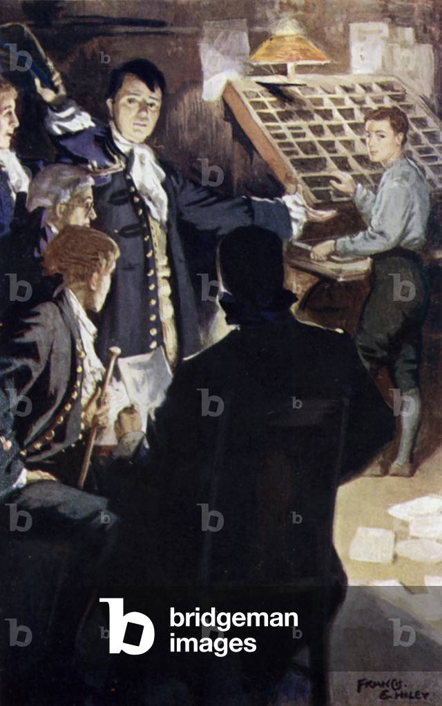 Der junge Benjamin Franklin arbeitet als Lehrling in der Druckerei seines Bruders James, Boston, Massachusetts