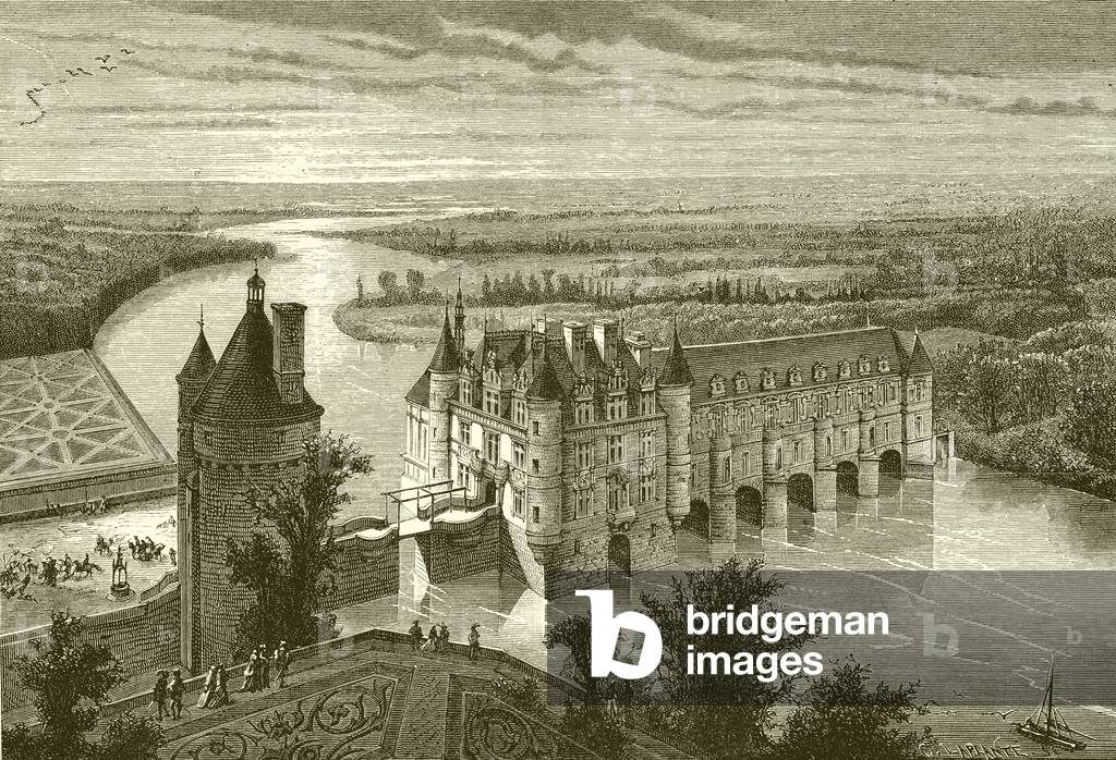 Chateau de Chenonceaux (engraving) by French Artist, b/w