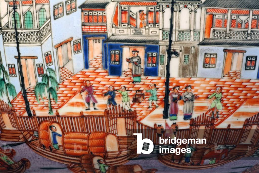 Cina: Le «fabbriche» europee a Guangzhou (Canton), pittura cinese del XVIII secolo su porcellana