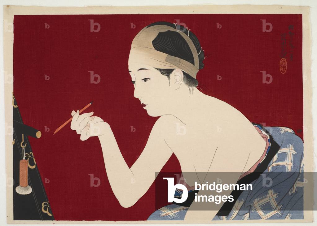 Painting the Eyebrows, 1928 (colour woodblock print)