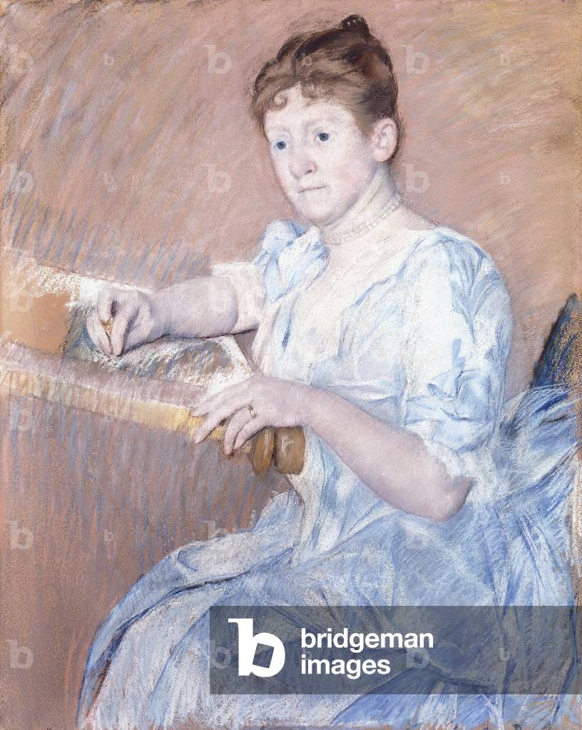 "Mrs. Alexander J. Cassat in un blu abito da sera seduti ad un arazzo cornice" di Mary Stevenson Cassatt