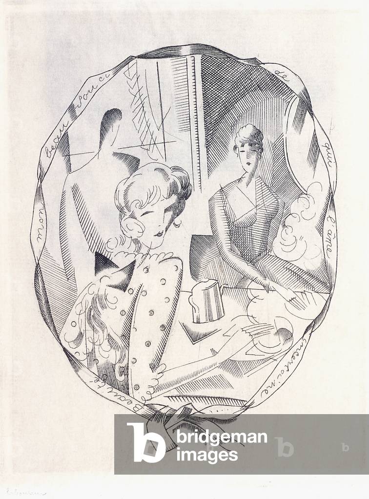 Illustrazione di due coquettes e un gentiluomo, 1920 (incisione)