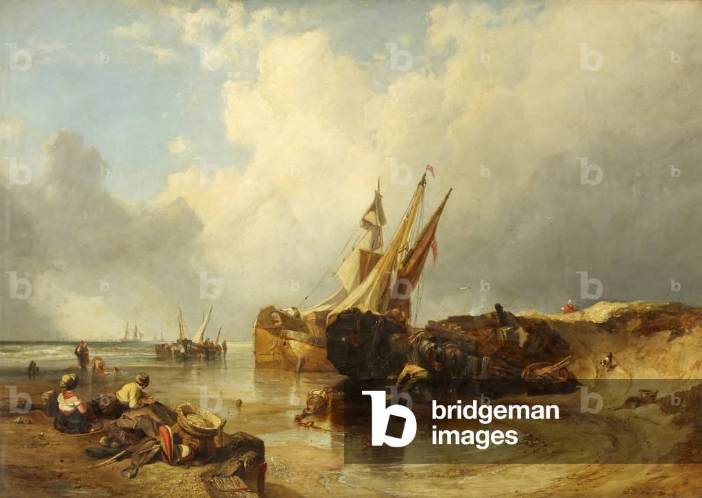 Szene auf der flämischen Küste, die Gezeiten machen in