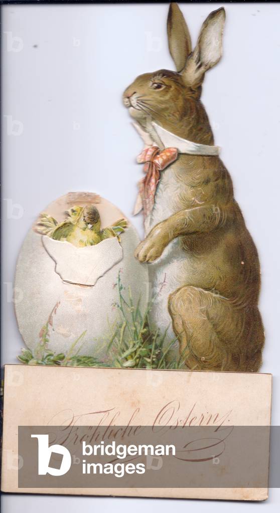 Eine viktorianische, gestanzte mechanische Osterkarte eines Kaninchens mit einem steifen Kragen und Krawatte u