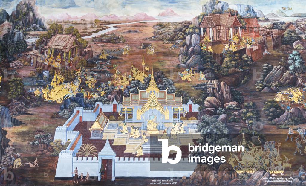 Murale raffigurante scene del Ramayana a Wat Phra Kaeo, il Royal Grand Palace, Bangkok, Thailandia