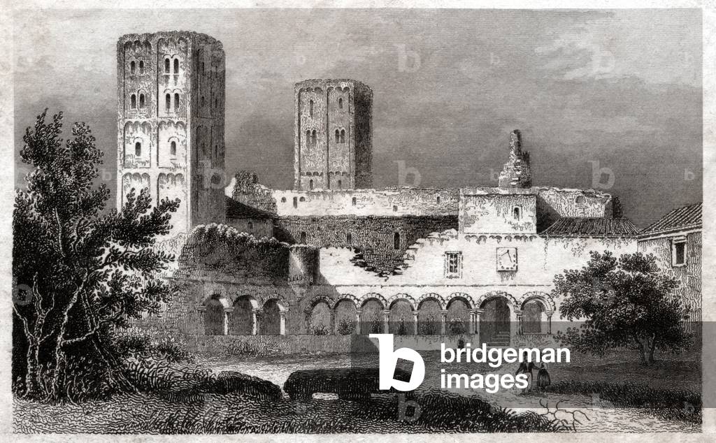 Ruines de l’Abbaye benedictine Saint Michel de Cuxa, France. vers 1850 (Gravure)