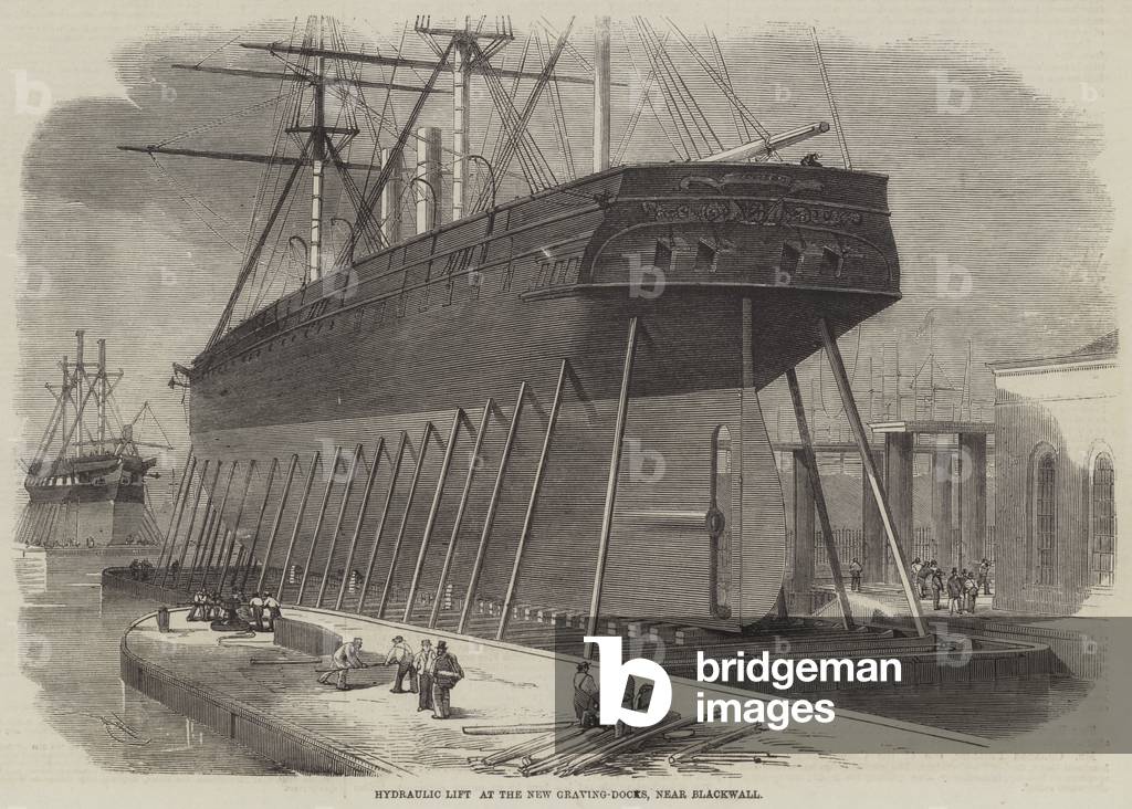 "Hydraulische Hebebühne an den New Graving-Docks" 1859 von Edwin Weedon, b/w