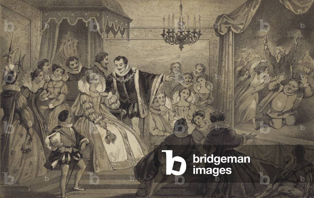 Immagine di Stampa "Gioca davanti alla regina Elisabetta I a Natale" 1860 di James Stephanoff, b/w
