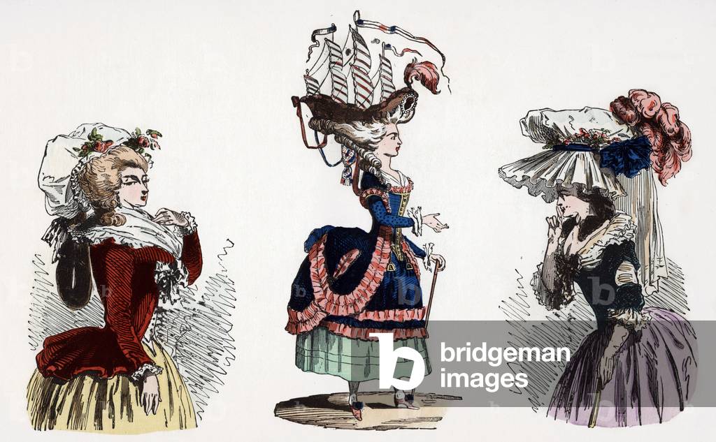 Da sinistra a destra: un abito da mattina chiamato Pierrot nel 1787, un'acconciatura alla bella gallina nel 17