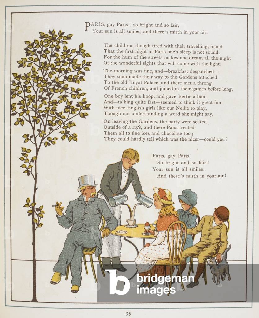 Kinder mit ihrem Vater essen Erfrischungen. Farbillustration aus dem Ausland.