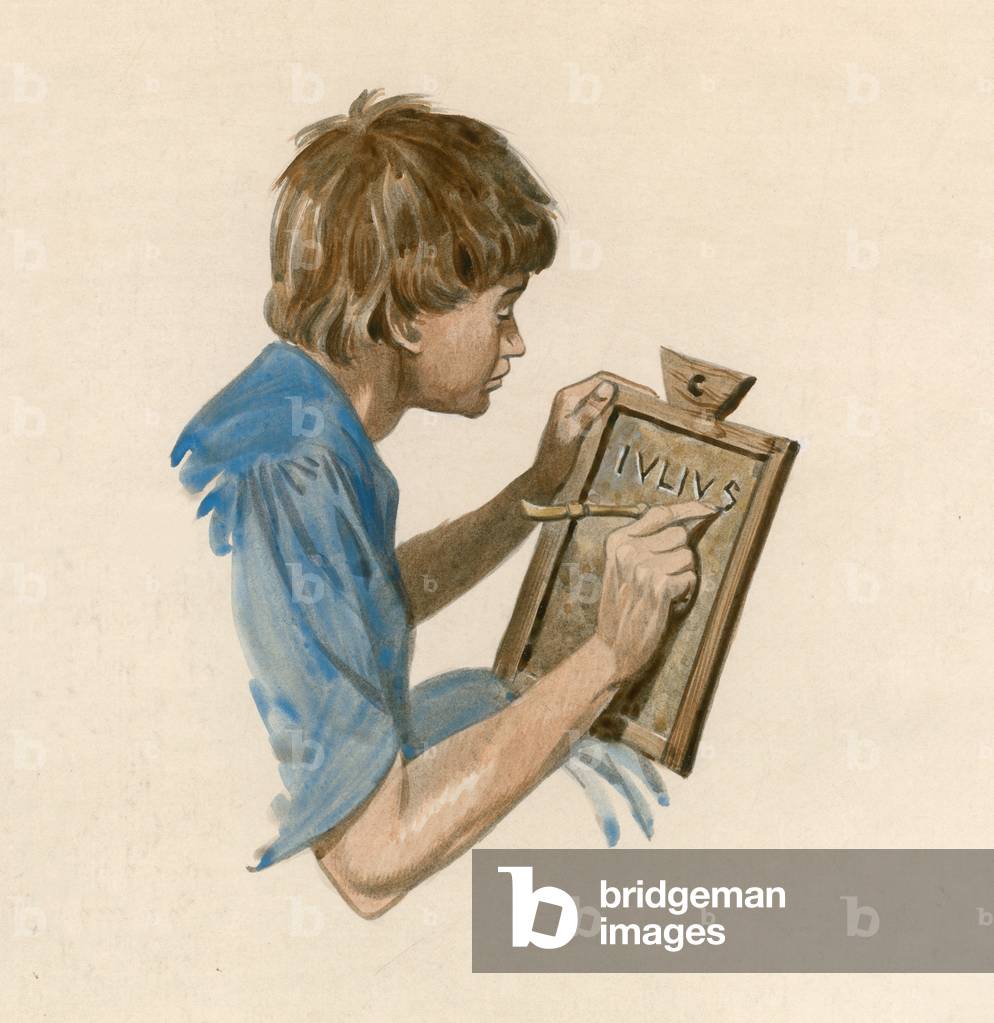 Image of Julius Caesar, as a boy, learning to write using a by Jackson ...