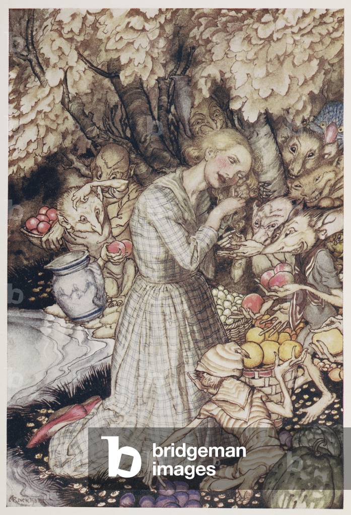 "Illustration eines Mädchens mit Kobolden unter einem Baum."