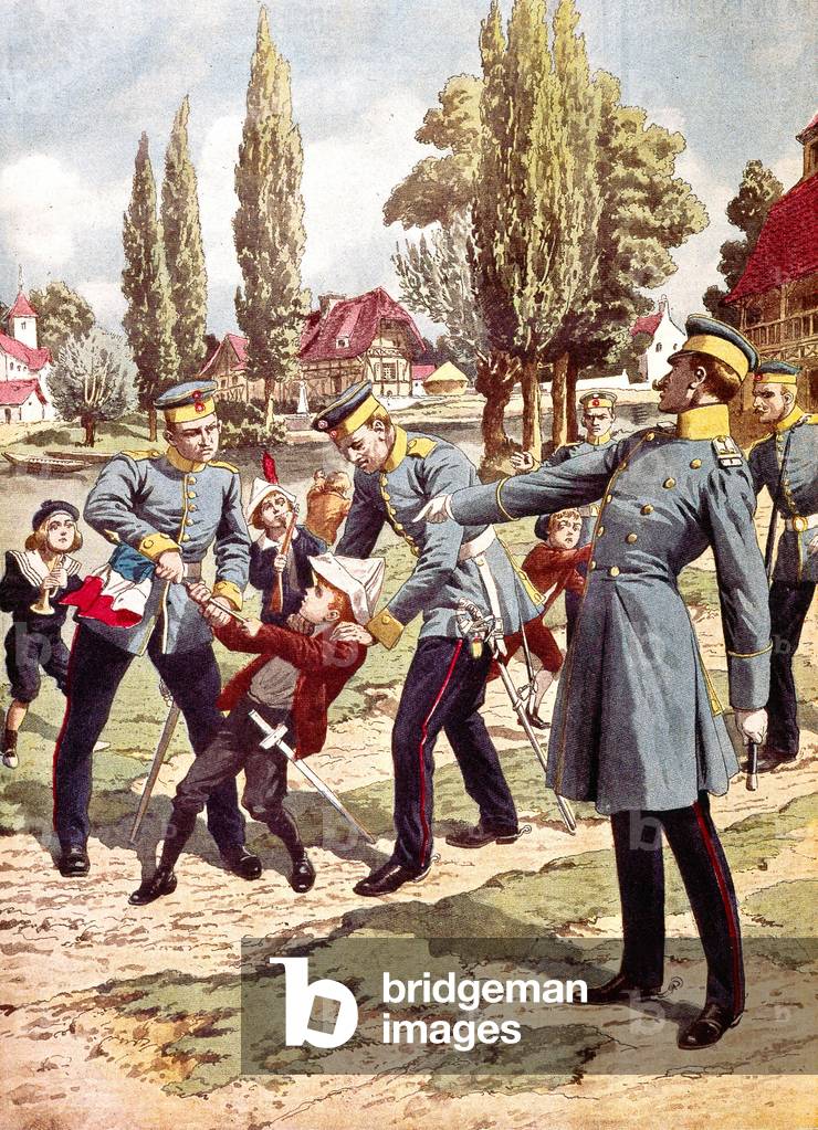 Illustrazione che mostra le reazioni dei soldati tedeschi nei confronti di bambini alsaziani che avevano bandi