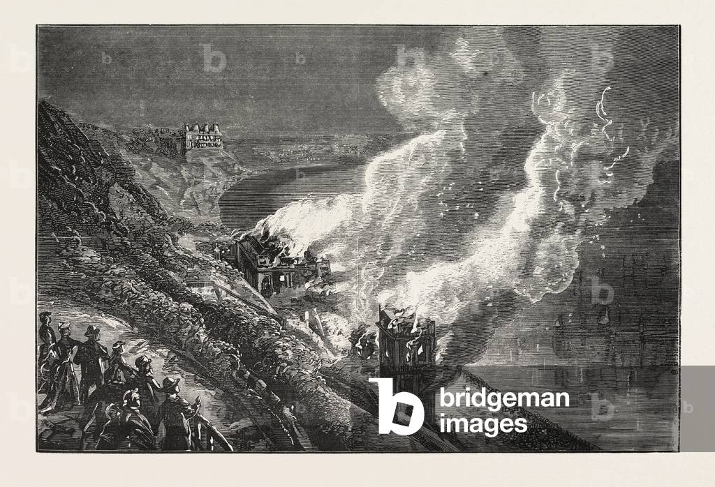 Zerstörung des Spa-Limousine, Scarborough by Fire, Gravur 1876, UK