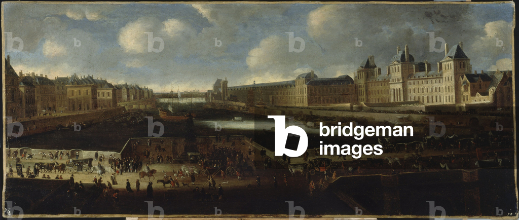 Die Pont-Neuf, gesehen vom Eingang der Place Dauphine, der Quai Malaquais mit dem im Bau befindlichen Collège 