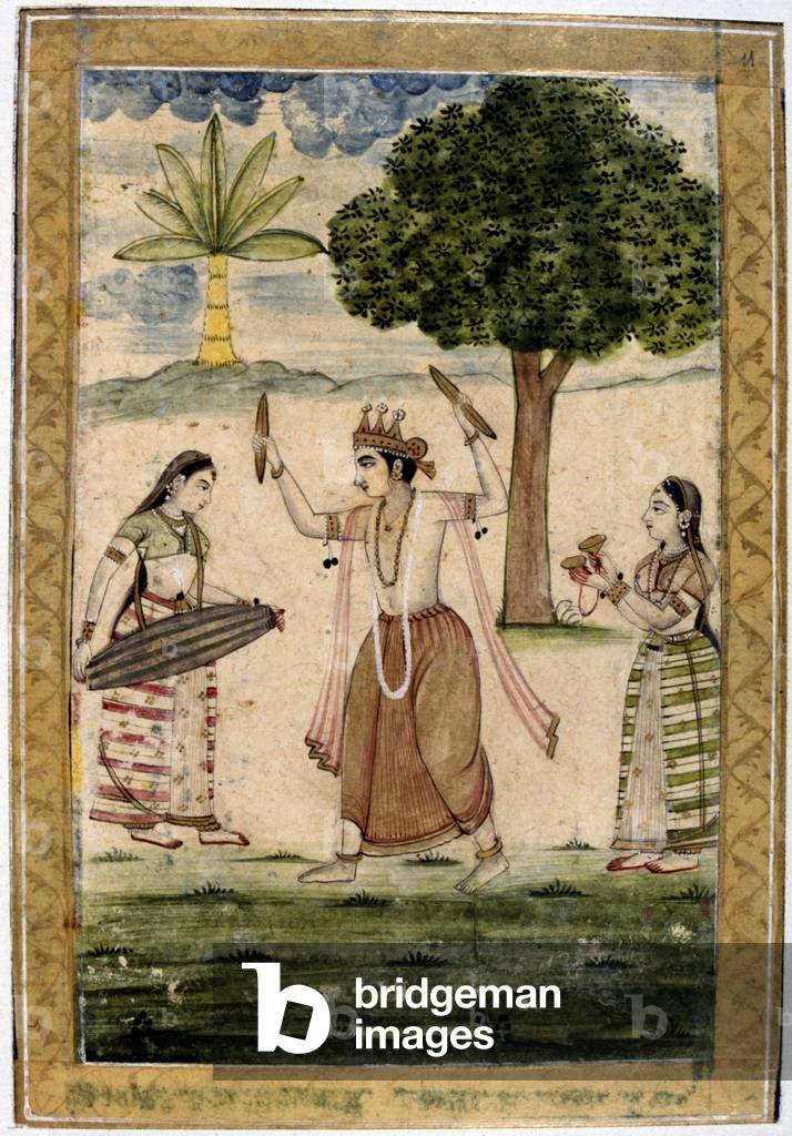 "Album di Ragamala. Megha Raga (stagione delle piogge): Krishna balla a giocare di giovani donne per chiamare 