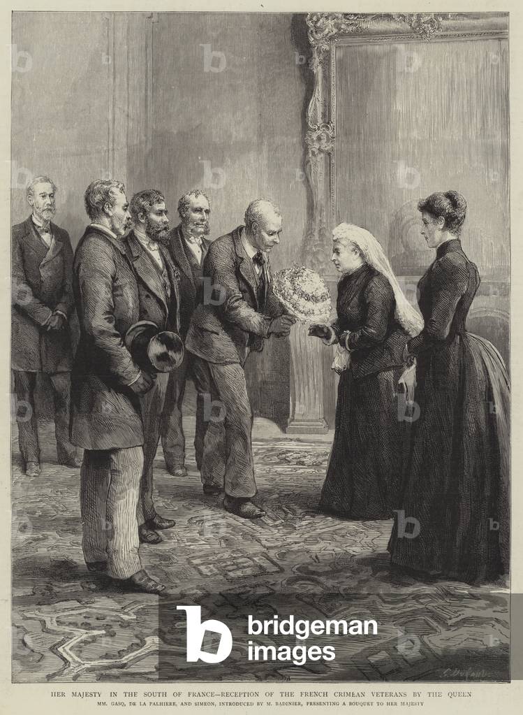 Sua Maestà nel sud della Francia, Ricevimento dei veterani di Crimea francesi dalla Regina (incisione)