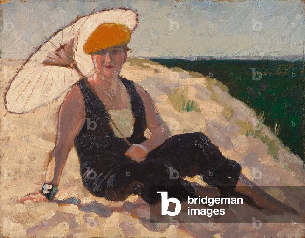 Donna in una tuta nera e berretto arancione su una duna al Grande Côte, 1932 (olio su tavola)