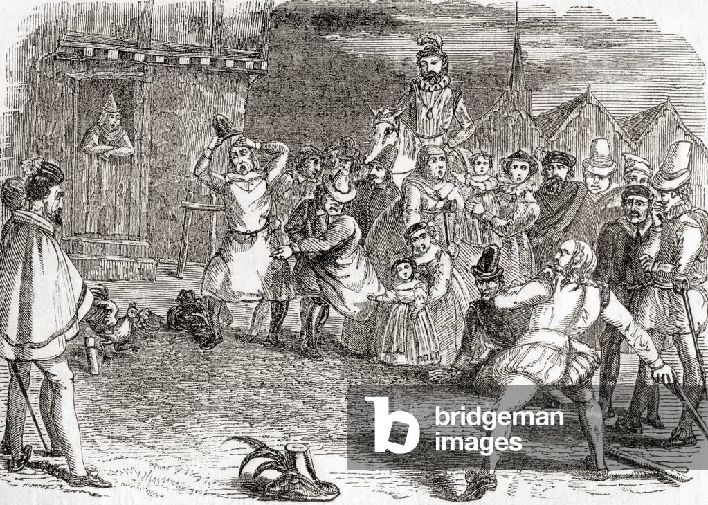 Cock throwing, aka cock-shying or throwing at cocks, from Old England: A Pictorial Museum, pub. 1847