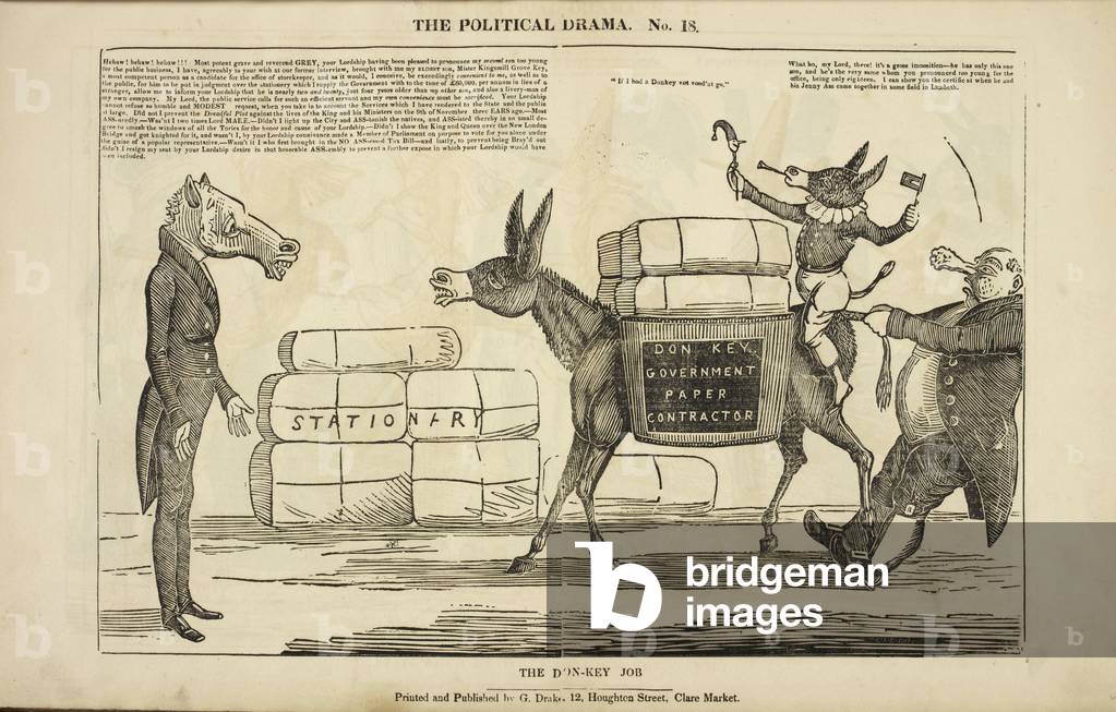 Ein beladener Esel mit Ballen mit der Aufschrift „Don Key“.