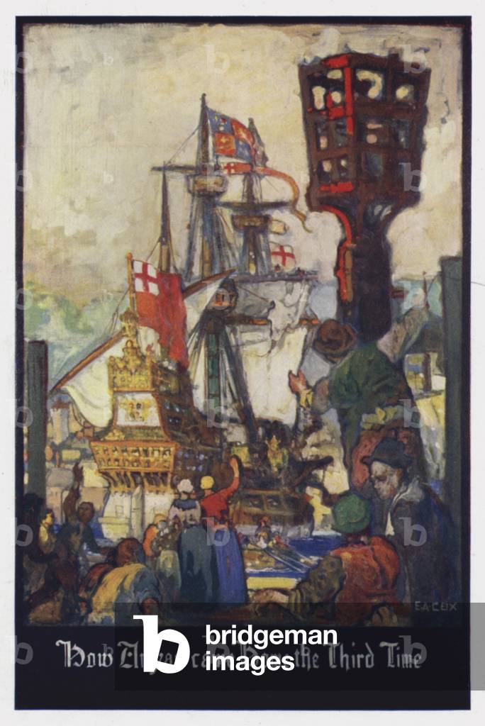 Illustration für Westward Ho! von Charles Kingsley: Wie Amyas zum dritten Mal nach Hause kam (Farblitho)