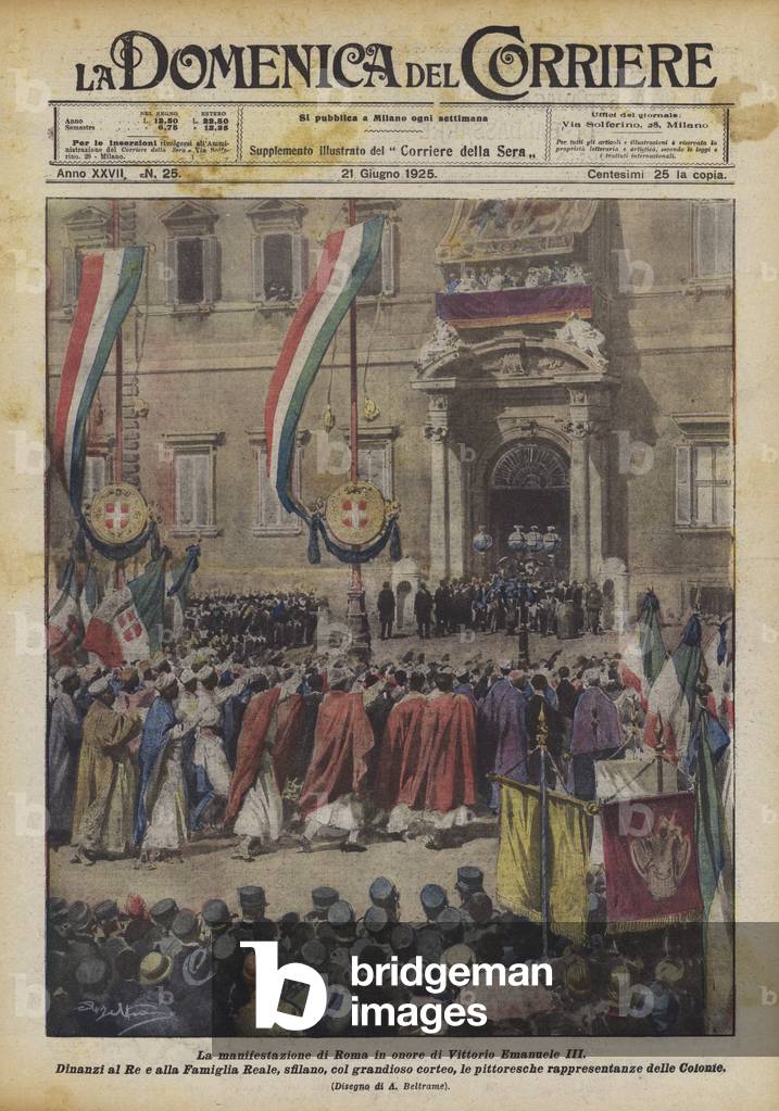 "La manifestazione di Roma in onore di Vittorio Emanuele III (colour litho)" di Achille Beltrame