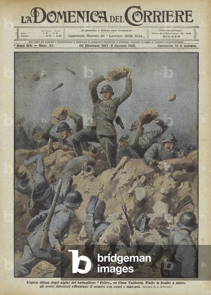 "L'epica difesa degli alpini del battaglione Feltre su Cima Valderoa (colour litho)" di Achille Beltrame