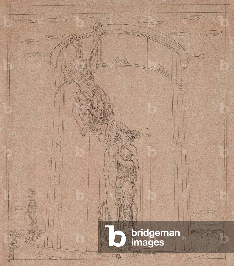 Das Labyrinth, in dem der twiformierte Stier gestallt wurde (Stift und schwarze Tinte auf rosa Papier)