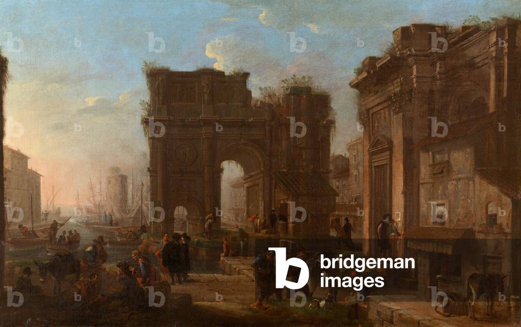 Un porto marittimo con figure, 1654 1658 (Olio su tela)