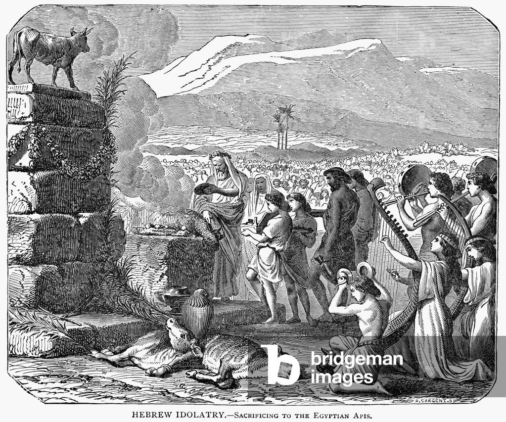 Image of HEBREW IDOLATRY Israelites making a sacrifice before an idol
