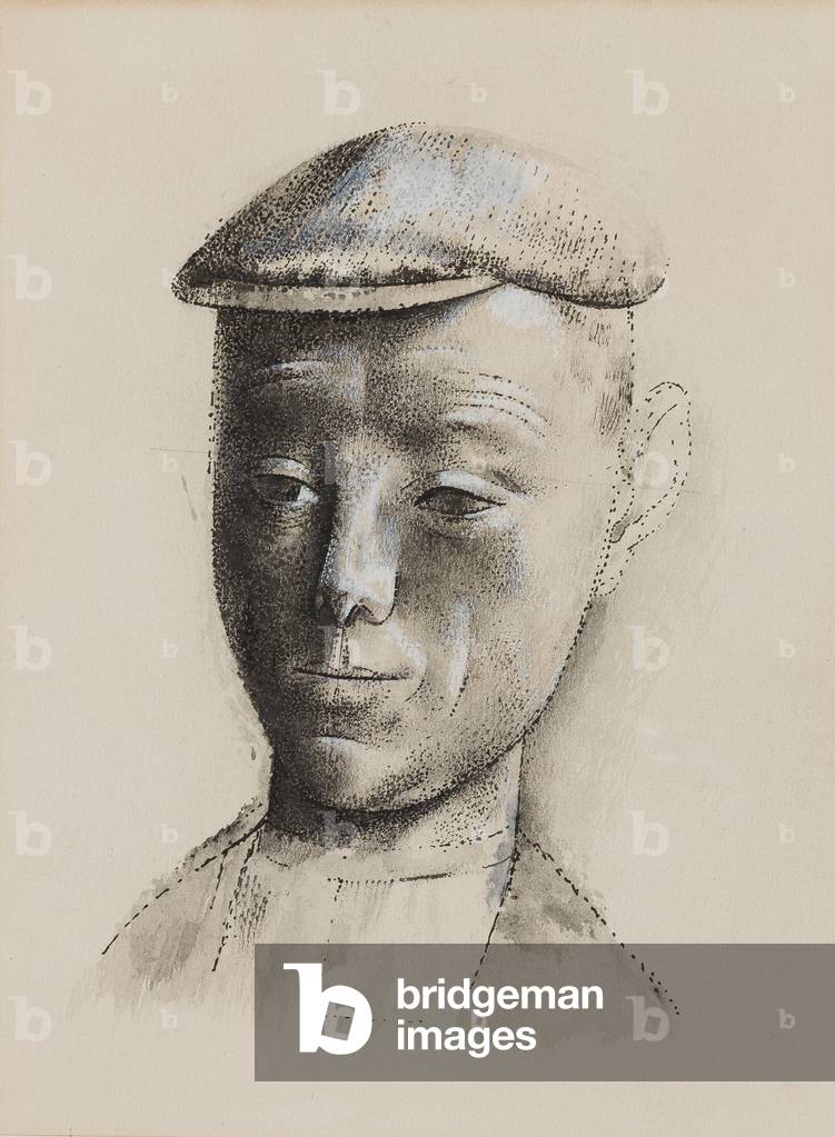 "Kopf eines Cowman (Tinte & Gouache auf Papier)" von Reginald Brill, b/w