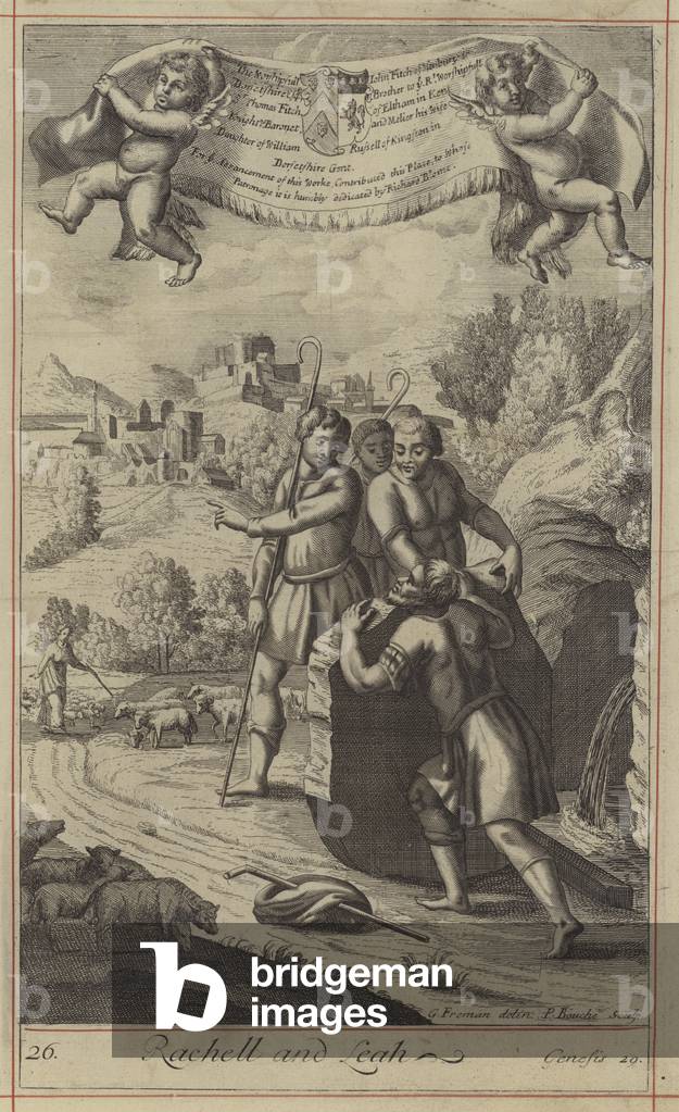 Image de Gravure représentant Rachell et Leah (gravure) 1701 par English School, b/w