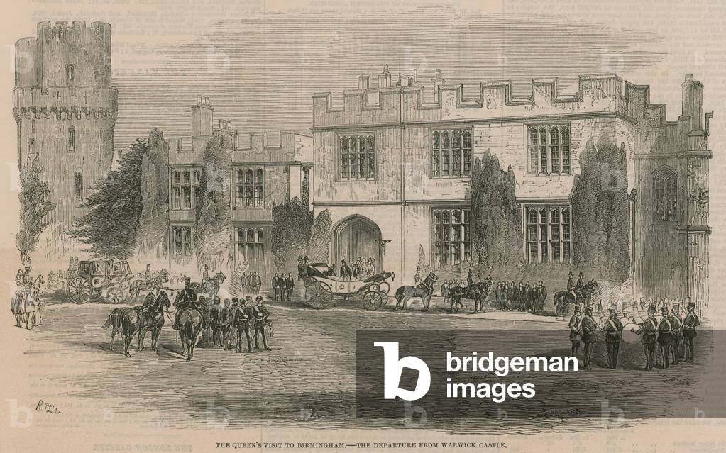 "Besuch der Königin in Birmingham - Abfahrt von Warwick Castle (Gravur)" von English School, b/w
