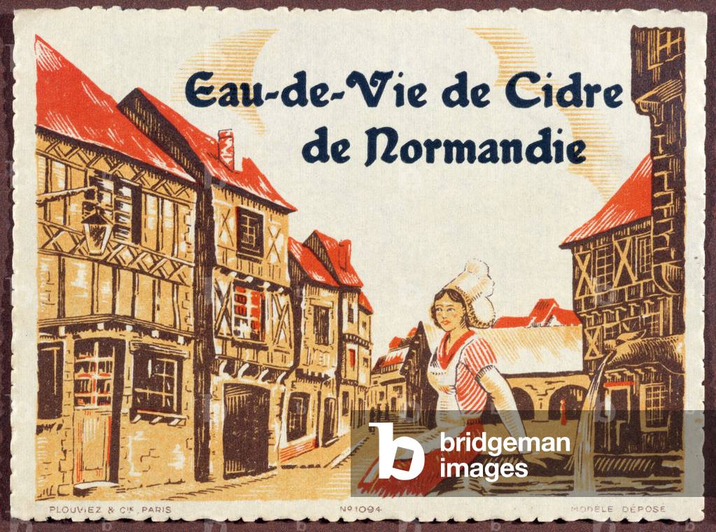 Etichetta per Eau-de-Vie sidro della Normandia, c.1950 (colore lito)