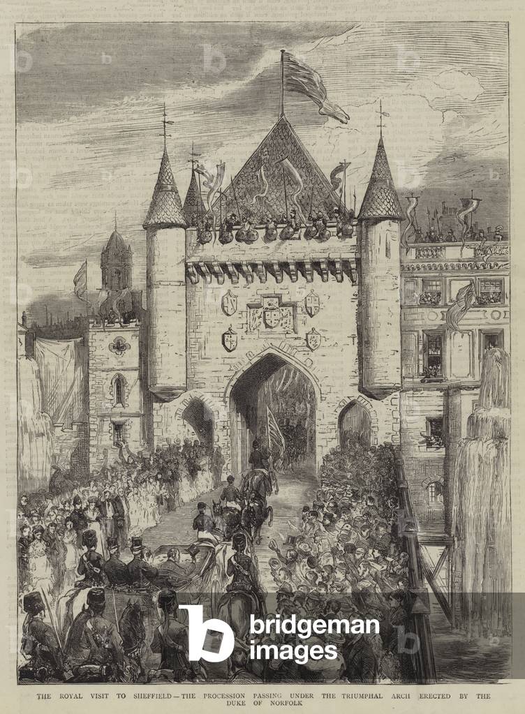 la visita reale a Sheffield, la processione passando sotto il Trionfo Arco eretto dal duca di Norfolk (incisio